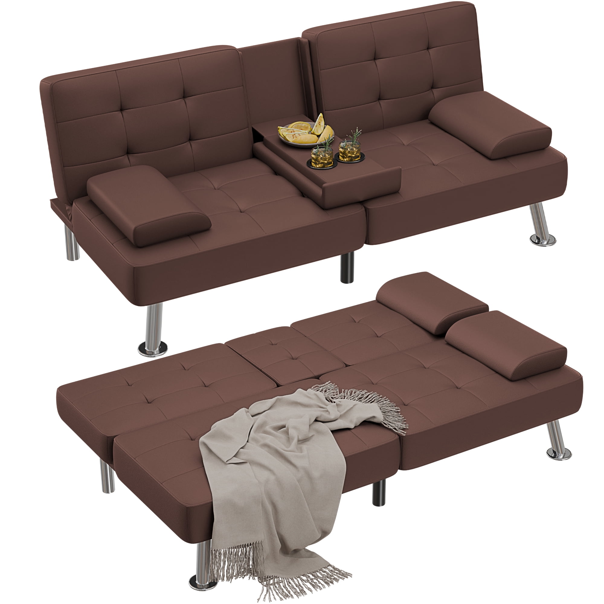 Vineego Futon Sofa Bed Folding Leather Modern Couch with 2 Cup Holders,Removable Armrests,Brown