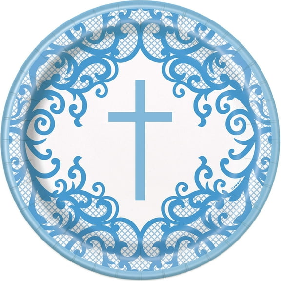 Fancy Blue Cross Round Dinner Plates - 8 Pcs