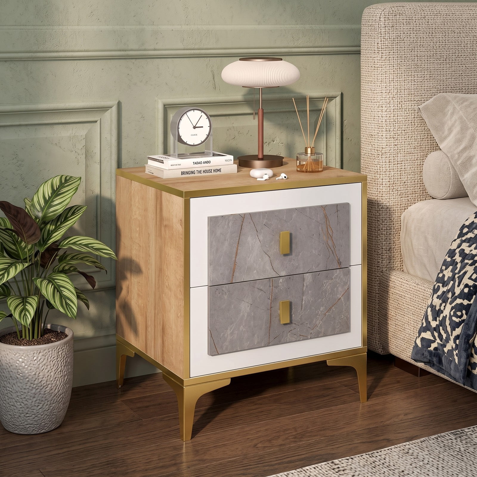 Furnibear Nightstand with 2 Pull-out Drawers and Metal Legs, Modern Bedside Table with Marble-pattern Fronts for Bedroom and Living Room, Natural
