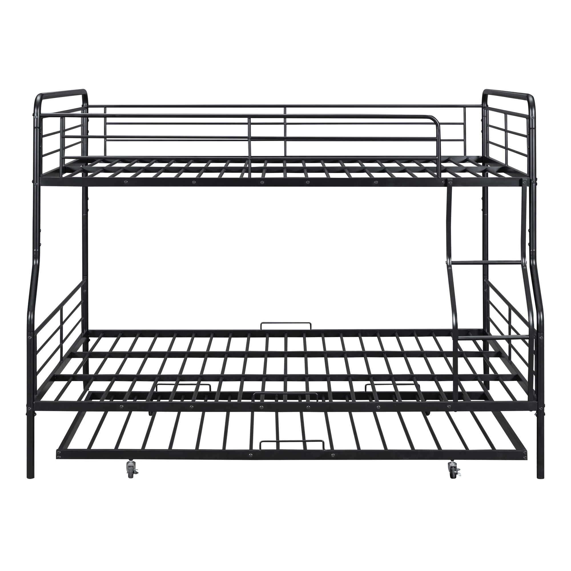 MAYEERTY Full XL Over Queen Metal Bunk Bed Frame with Twin Size Trundle for Kids and Adults, with Full-Length Guardrail, Black