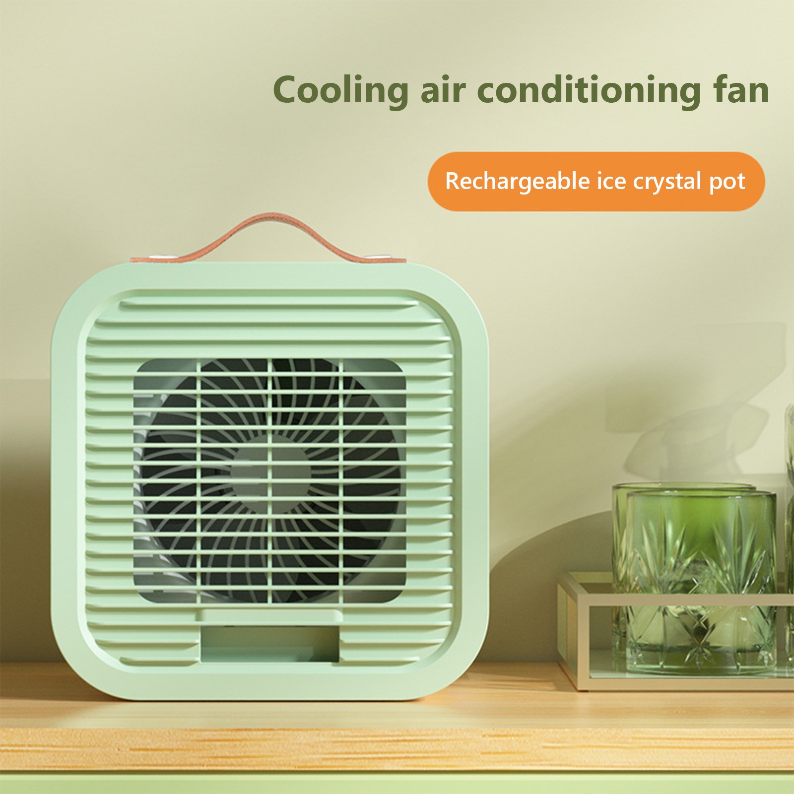 Lksixu Small Air Conditioner Fan, Portable Air Cooler with Ice Crystal Box, USB Rechargeable Personal Desk Fan with Handle, Low Noise 3 Wind Speed Strong Airflow Cooling Fan for Office Bedroom