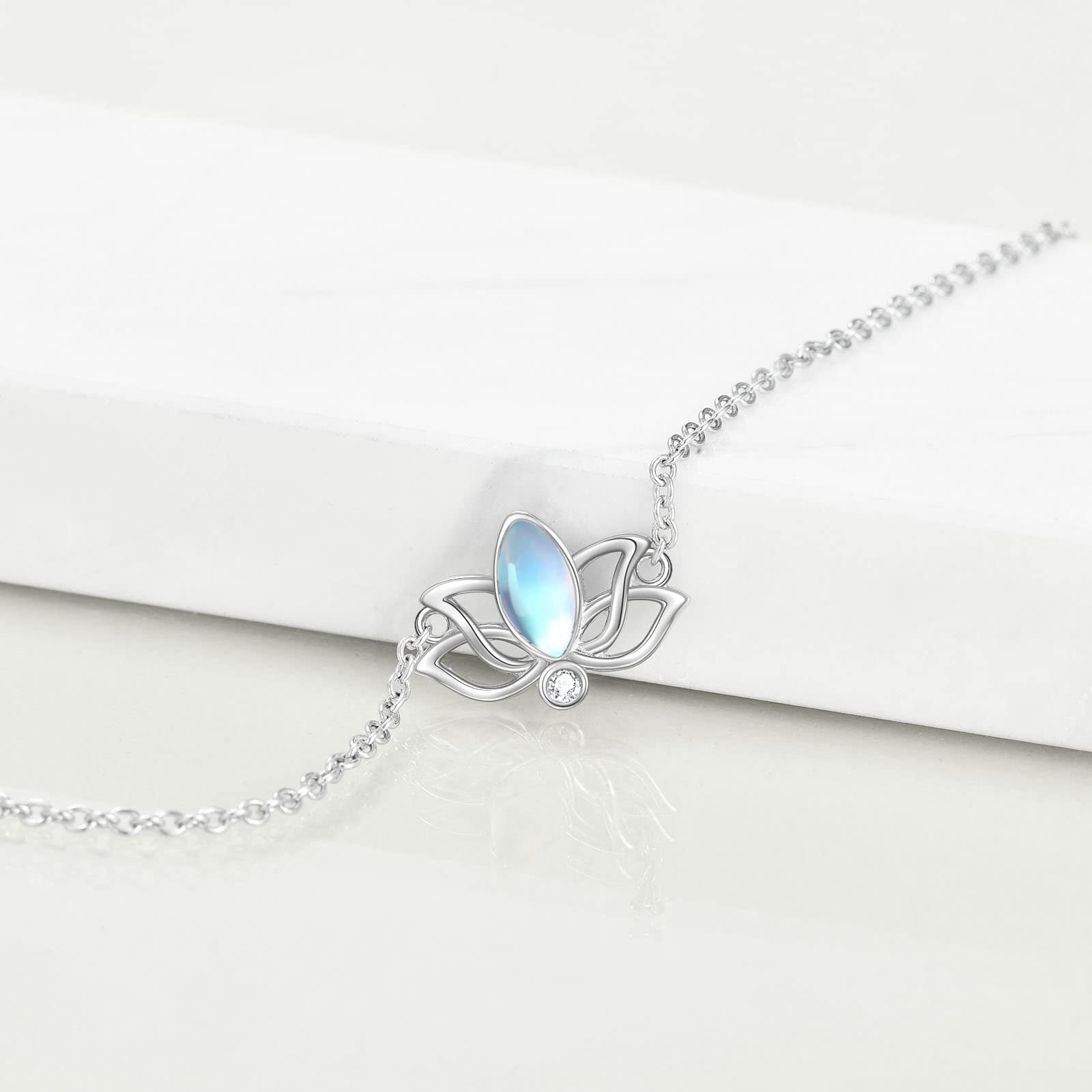 YAFEINI Moonstone Lotus Anklet for Women Sterling Silver Lotus Flower Adjustable Anklets Yoga Jewelry Gifts for Women