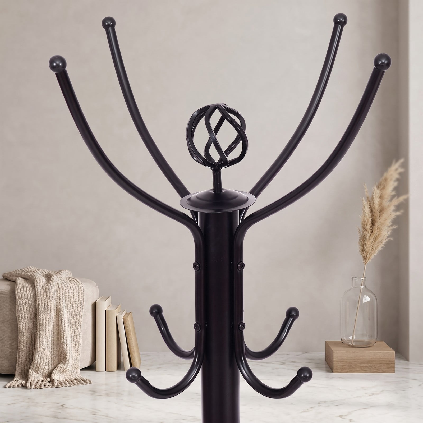 Furnibear Freestanding Metal Coat and Hat Rack Stand with 12 Hooks and Three-Tier Design for Entryway Hallway and Bedroom, Black