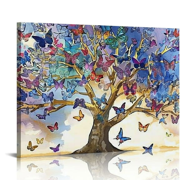 Creowell Purple Butterfly Canvas Wall Art Decor Vintage Creative Fantasy Tree of Life Paingting Posters Colorful Shabby Butterflies Picture Artwork for Home Rooms Kitchen Decor