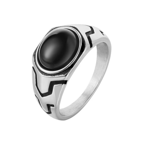 PAMTIER Unisex Stainless Steel Vintage Personality Punk Stackable Oval Cut Black Gemstone Biker Ring European and American Style Silver Size 7