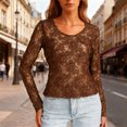 thumbnail image 2 of LWavelet Crew Neck Lace Blouse Womens Plus Size Long Sleeve Fitted Soft Stretch Daily Casual Top Brown XL, 2 of 7