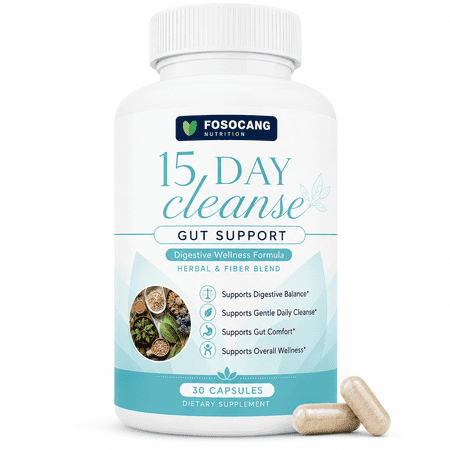 FOSOCANG 15 Day Cleanse Gut Support Capsules - Herbal & Fiber Digestive Wellness Blend with Psyllium Husk, Senna Leaf & Probiotics - Bloating & Regularity Support - 30 Veggie Capsules