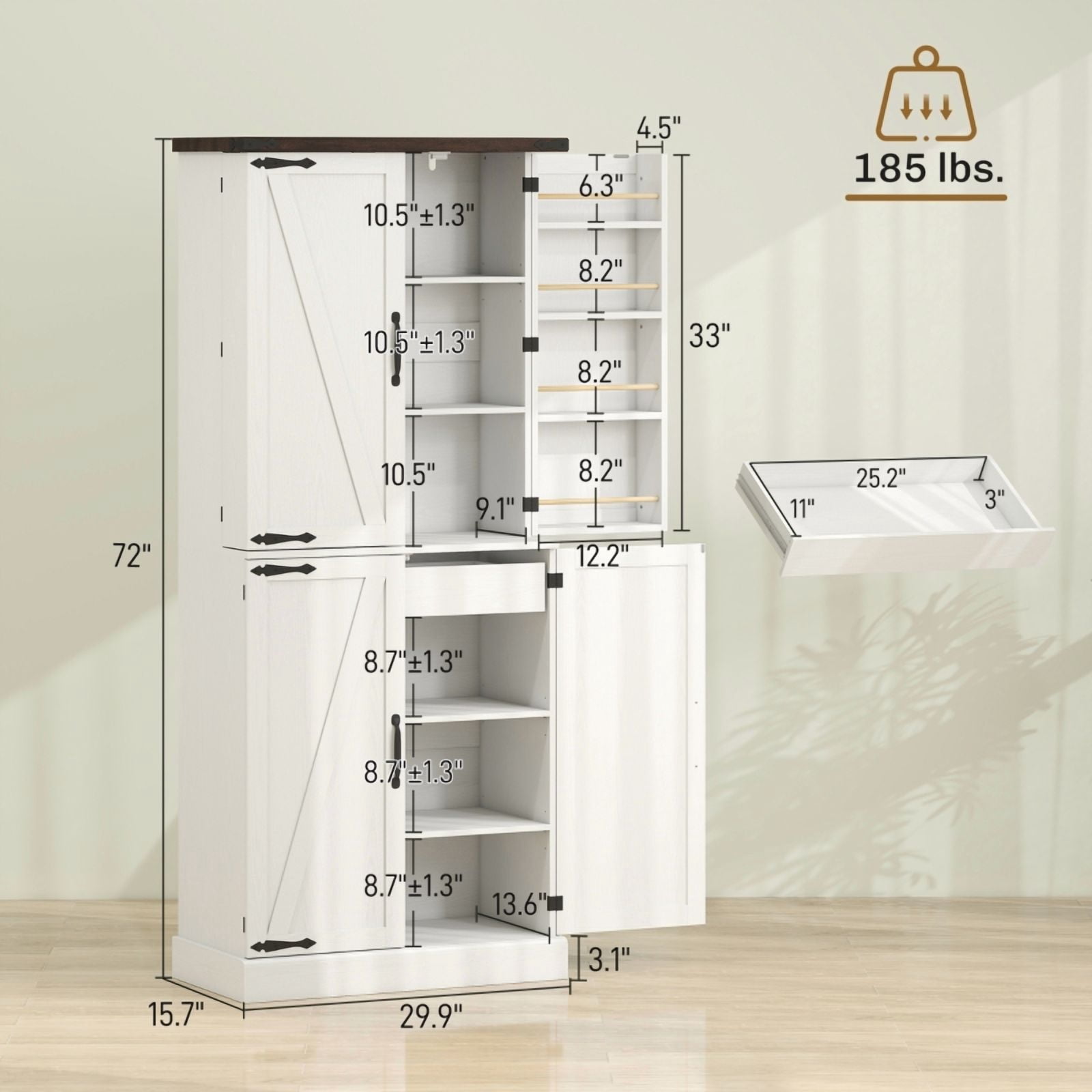 Alvantor Tall Kitchen Pantry Storage Cabinet with Door Racks & Adjustable Shelves 29.9" x 15.7" x 72" White