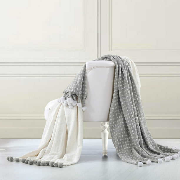 Amrapur Cross Stitch 100 Cotton Throw Blanket with Pom Poms, 50" x 60