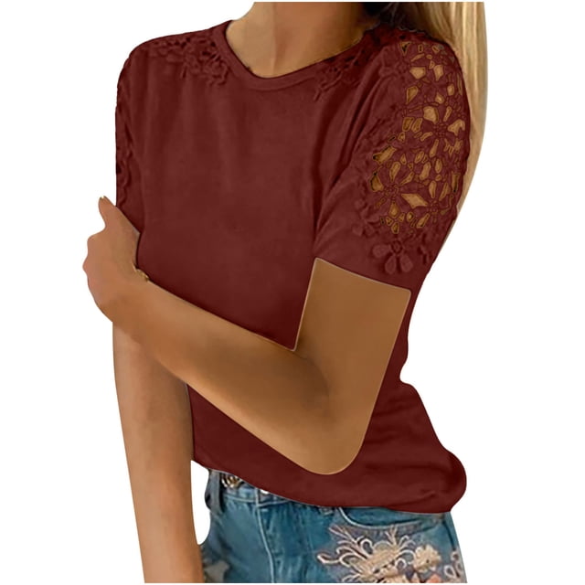 Top de manga corta de encaje y croché para mujer - Blusa informal de cuello redondo, poliéster, diseño con hombros al aire, corte holgado, ropa de primavera/verano, tallas S-XXL, contorno de pecho