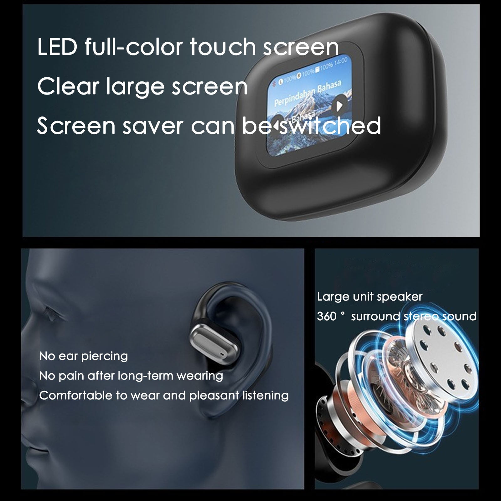 Ear Earbuds Wireless Open Ear Earbuds Bluetooth 5.4 Ipx5 Intelligent Screen Open Bluetooth Earphones With Display For Running Of The Day Home Decor