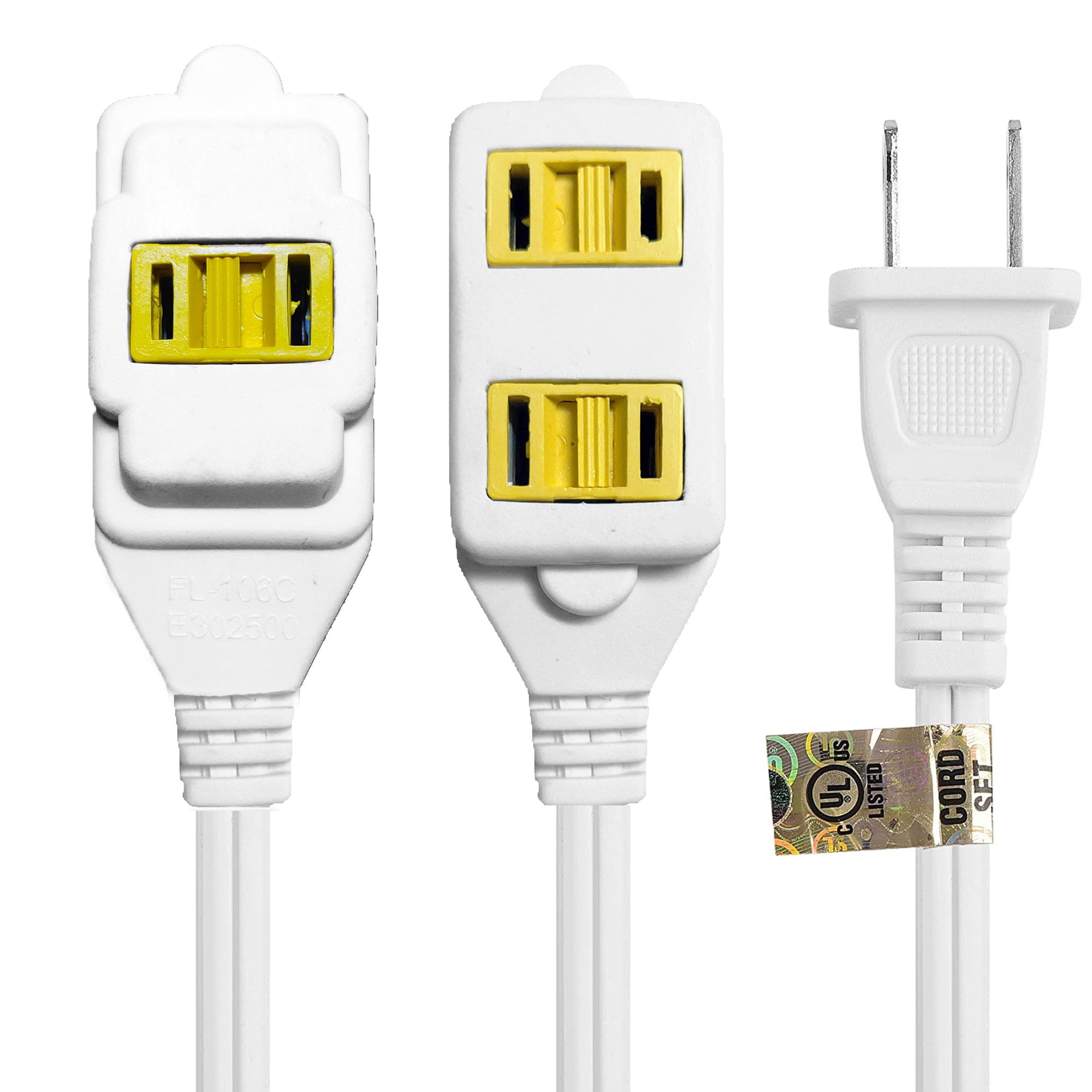 Wideskall 2-Pack 20 Feet 16 Gauge 2 Prong 3 Outlets Indoor Extension Cord White UL Listed