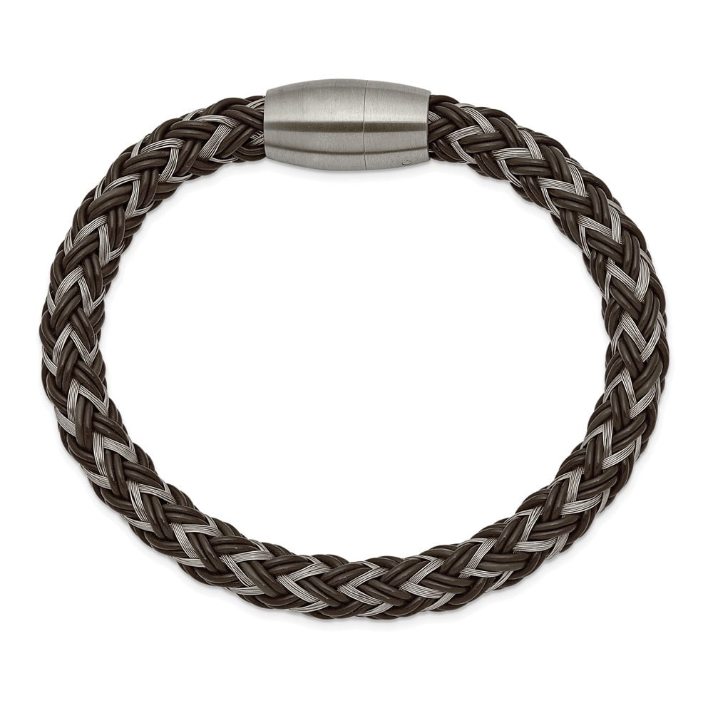 Diamond2Deal Stainless Steel Brushed Braided Wire and Brown Rubber Bracelet for Men 8.5"