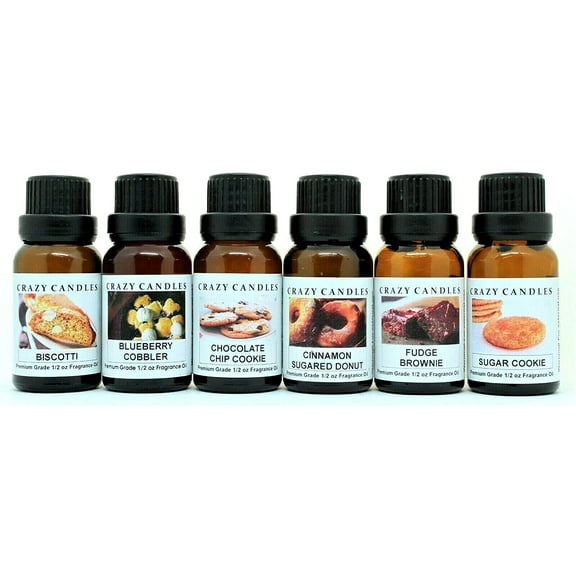 Crazy Candles 6 Bottlet: 1 Biscotti, 1 Blueberry Cobbler, 1 Chocolate Chip Cookie, 1 Cinnamon Sugared Donut, 1 Fudge Brownie, 1 Sugar Cookie 1/2 FL Oz Each (15ml) Premium Grade Scented Fragrance Oil