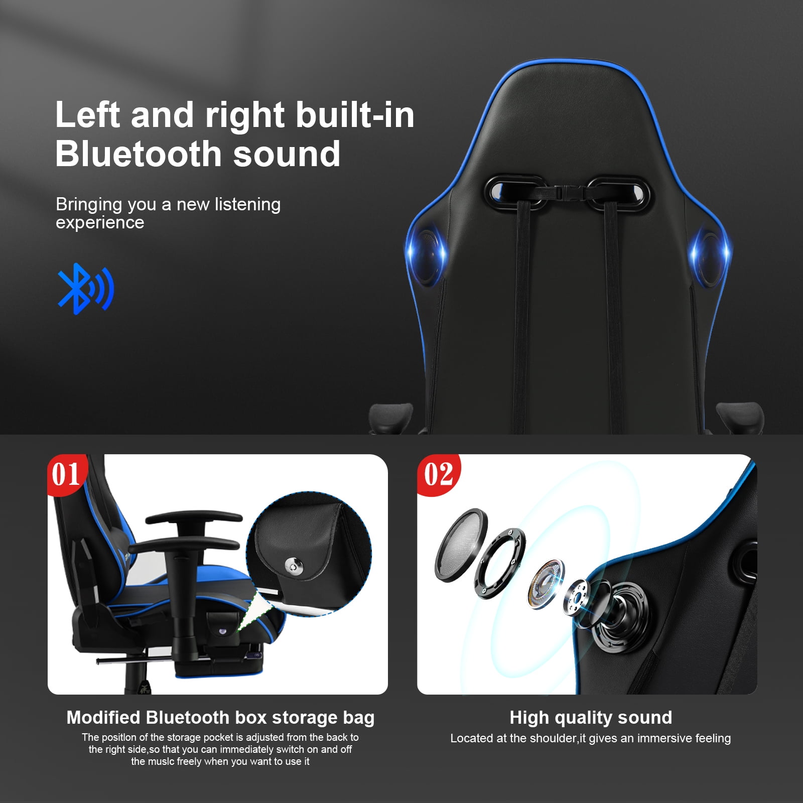 GTRACING Music Gaming Chair with Footrest Ergonomic Reclining PU Leather Office Chair, Blue