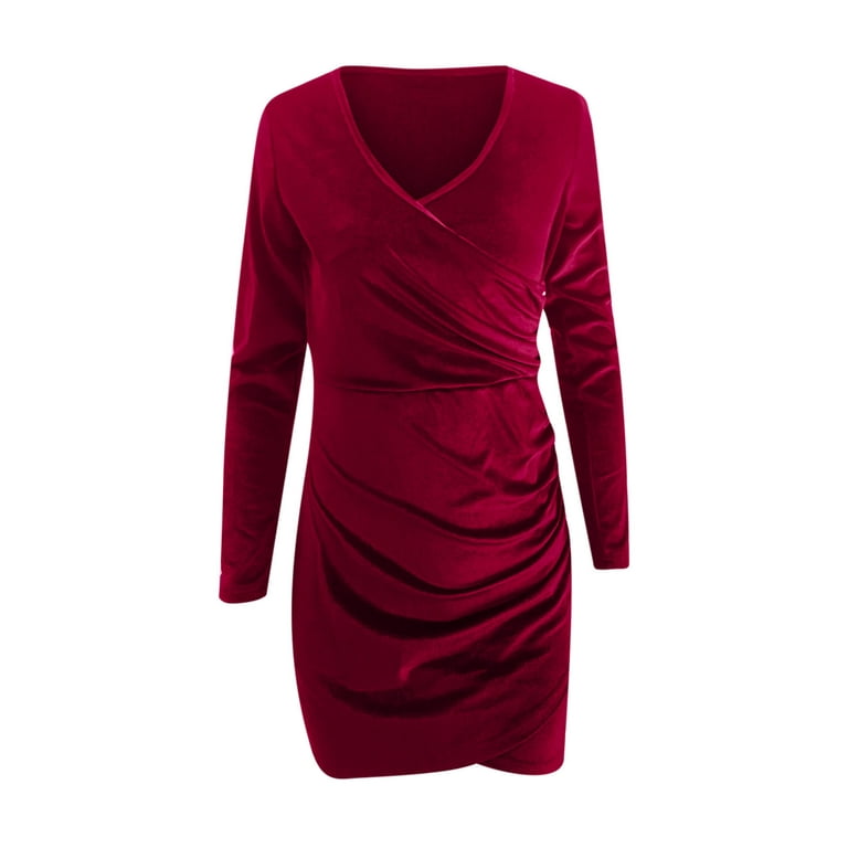 Shop Generic Women's Bodycon Dress Pleated Elegant Long Sleeve Party Dresses  for Ladies Sexy Tight Female Clothing Evening red LMY Online