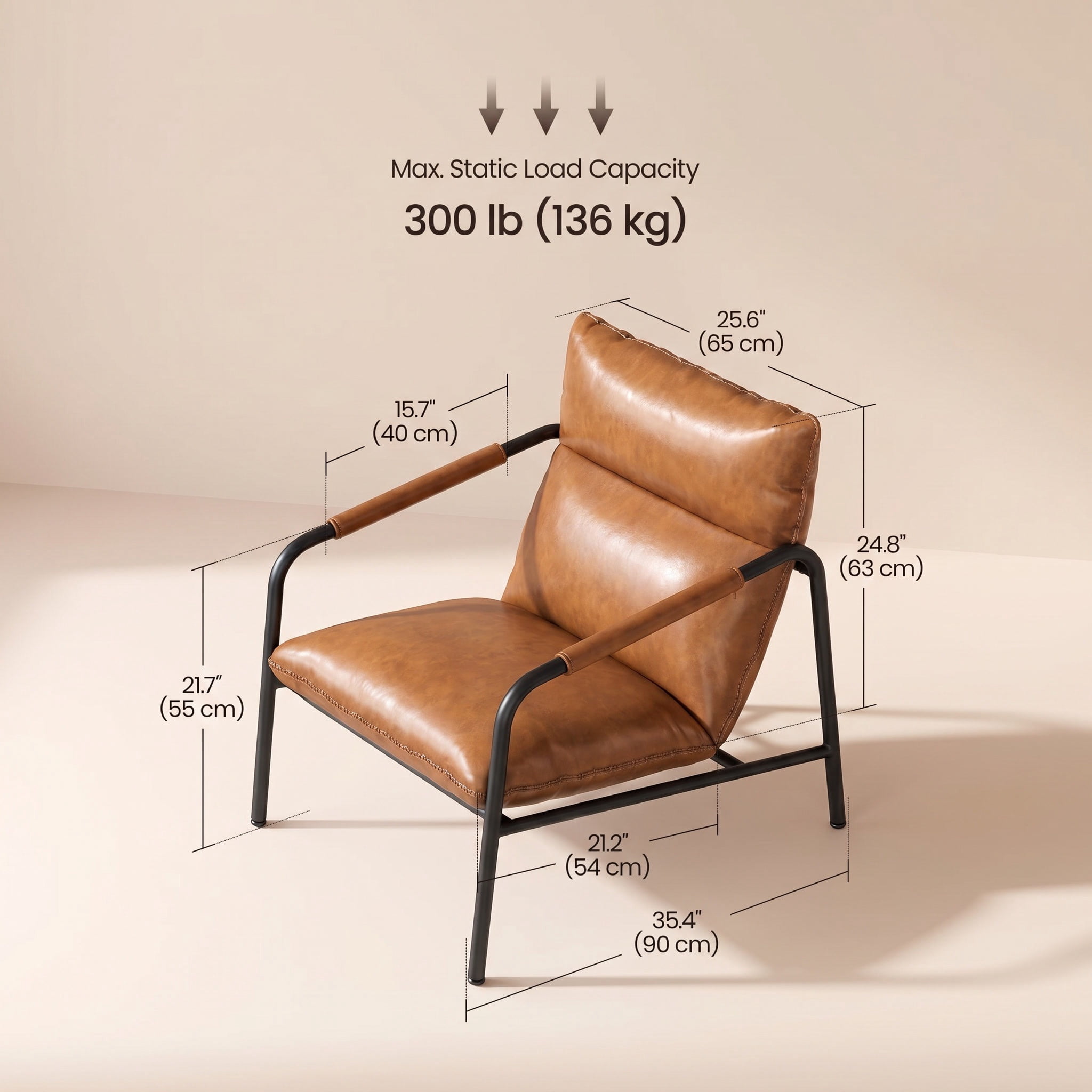 Nordic Hygge Mid-Century Modern Sling Armchair with Caramel Brown Synthetic Leather, Decorative Stitching, and Sturdy Metal Frame
