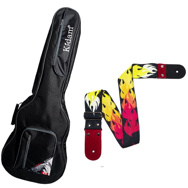 PAQUETE Estuche para guitarra clásica, Funda para guitarra, Gig bag , guitar case para trasporte y protección, color negro bordes grises + Tahali strap correa guitarra Kidam FLAMAS ROJAS