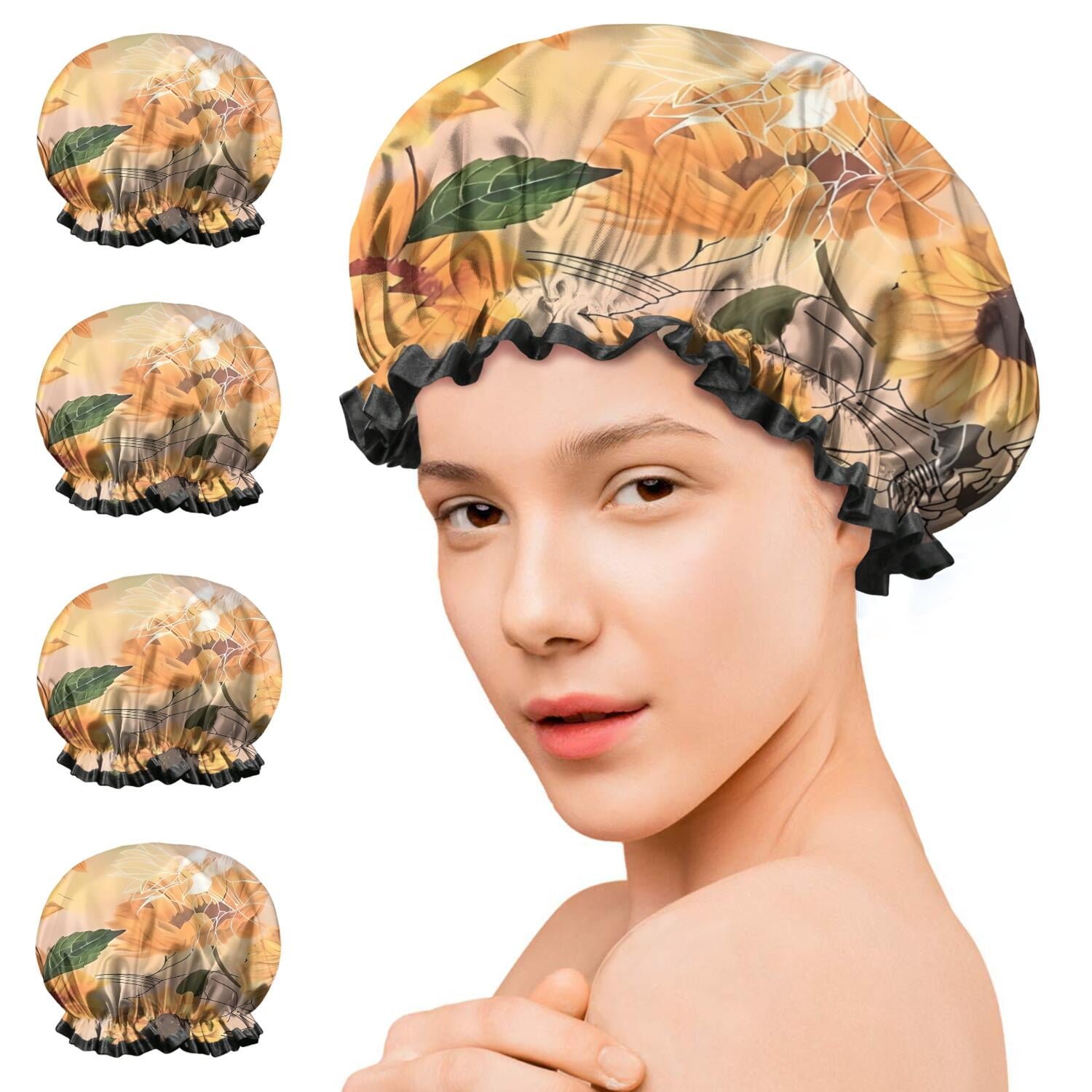 Shower Caps,Yellow Green Leaf Sunflower Pattern Waterproof Shower Cap for Women 4 Pieces,Double Reusable Hair Cover for Shower PEVA Elastic Stretch Hem