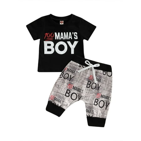 

Infant Baby Boys 2 Pieces Outfits Letter Print Round Neck Short Sleeve T-Shirts Tops + Elastic Waist Long Pants Set