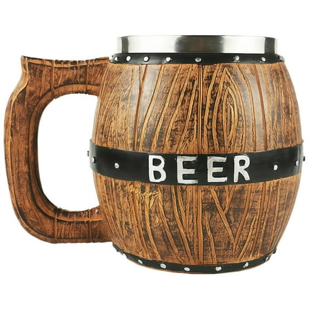 Wooden Mug with Stainless Steel Lining, Retro Barrel Design Beer Mug for Bars and Parties, 15 oz / 450 ml Capacity, Ideal Gift for Men