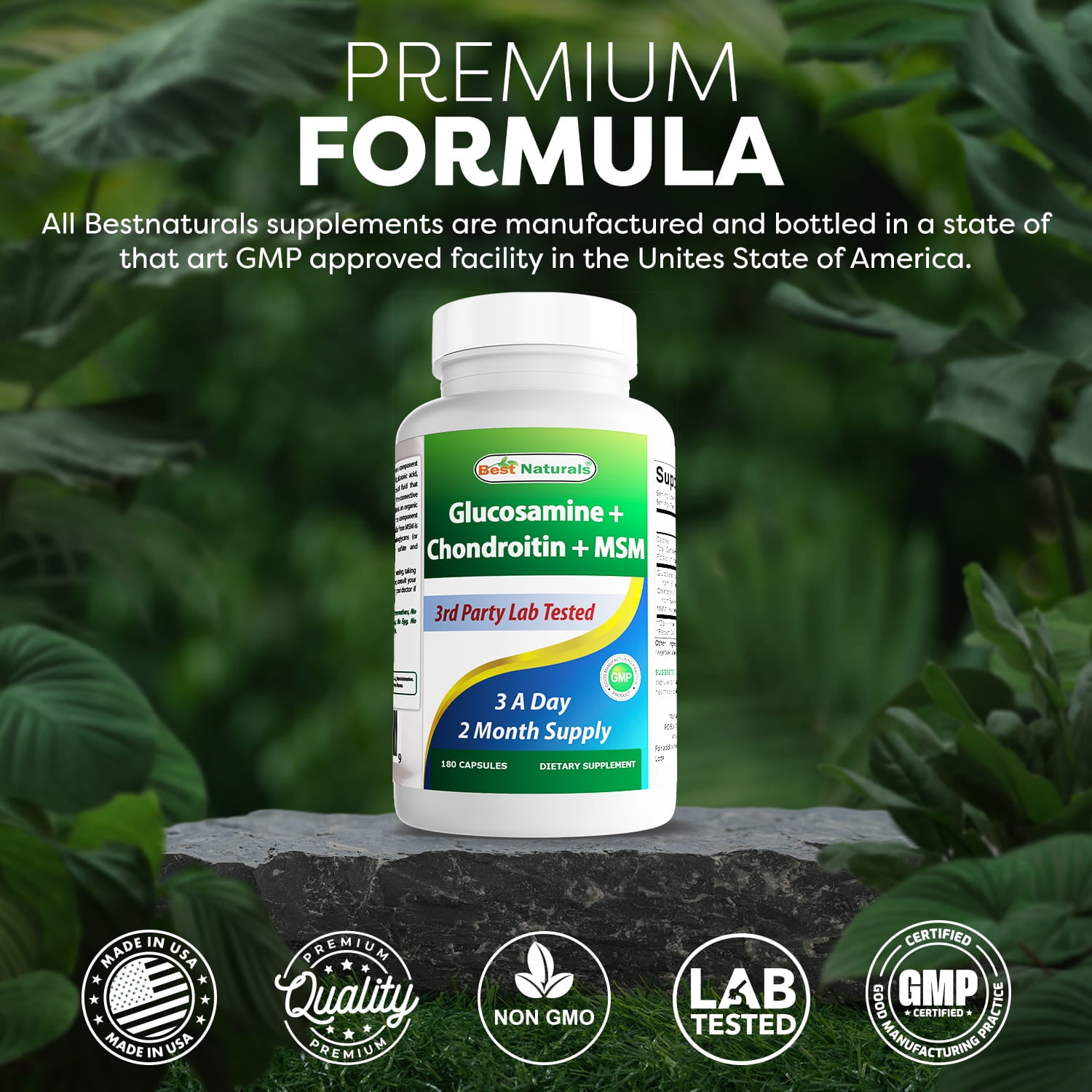 Best Naturals Glucosamine Chondroitin MSM Capsules, Joint Support Supplement, Gluten-Free, 3 Pack, 180 Ct