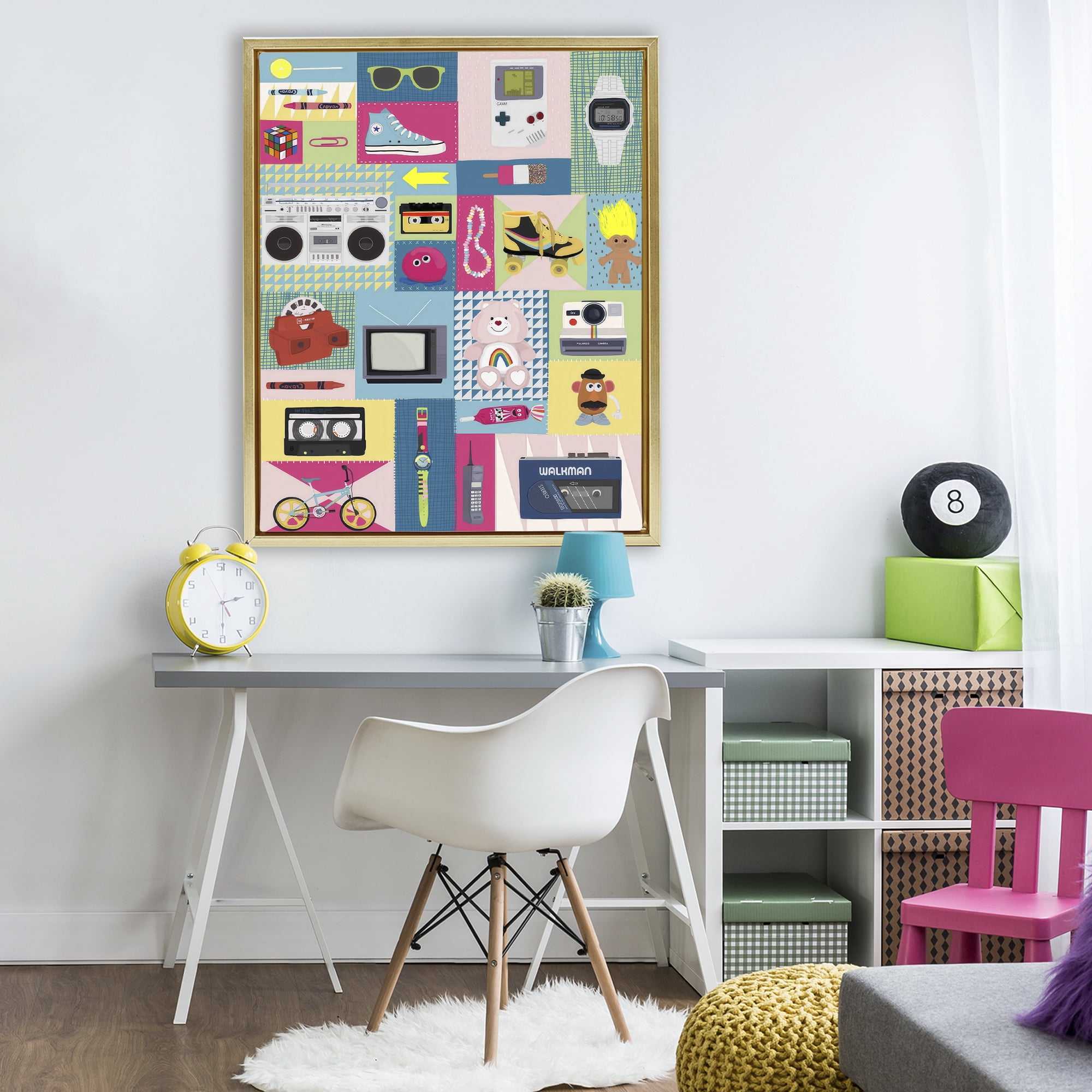 Stupell Industries Retro 80's Patchwork Collection Gold Framed Floater Canvas Wall Art, design by Hanna Melin