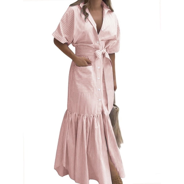 Vestido largo utcoco para mujer 2025 a rayas con botones, rosa