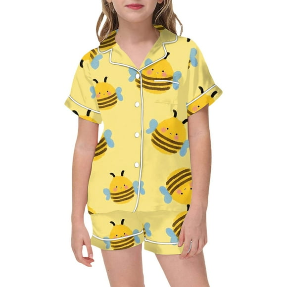 Girls Pajamas World Bee Day Kids Toddler Girl Cute Cartoon Bee Pattern Pajama Set Classic Satin Sleepwear Outfit Pyjama Bebe Fille Yellow 6 Years-7 Years