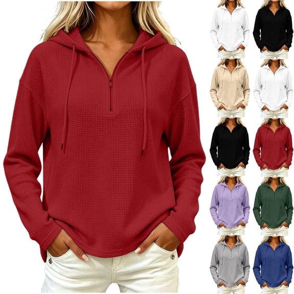 Women Loose Fit Half Zip Red Hooded Sweatshirt Sevevn Waffle Knit Drawstring Pullover For Spring Fall Daily Wear