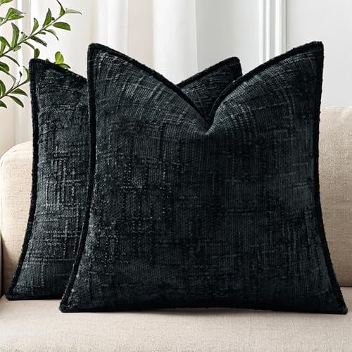 Chenille Throw Pillow Covers 16x16 Set of 2, Thick Textured Slubby Neutral Decorative Pillow Covers with Elegant Design for Couch, Sofa, Living Room, Black