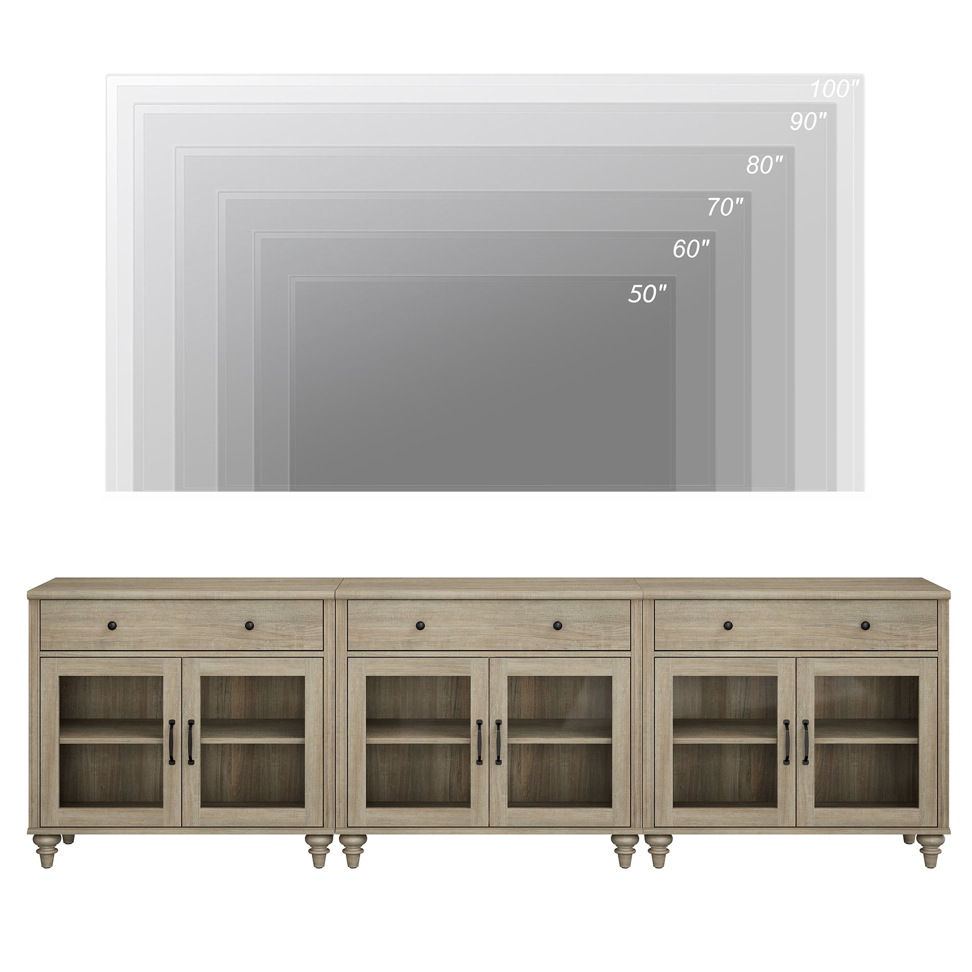 TV Stand For 100 Inch TV Inch TV, 3-In-1 TV Console Table For 75/80/85/90 Inch TV, Entertainment Center With 3 Drawers And 6 Doors, Wash Grey