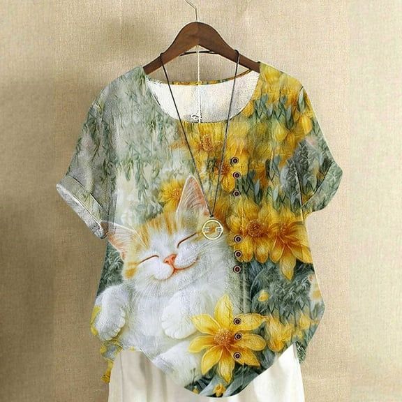 QUNYINEY Women's Summer Blouses Casual Cat Short Sleeve Cotton Linen Shirts Button Crew Neck Pullover Loose Womens Tops