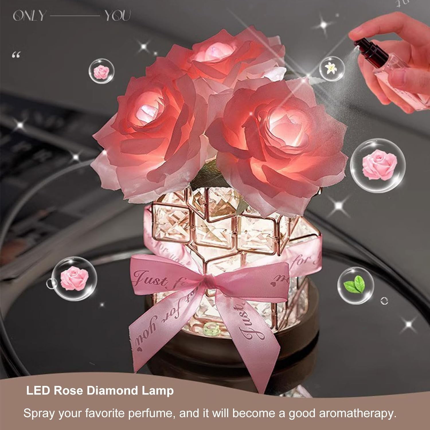 Rose Crystal Table Lamp, USB Charging 3 Colors Dimmable Flower Lamp Square Crystal Vase Romantic Gift Room Decoration for Women Wife Girlfriend