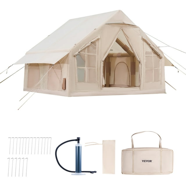 KFFKFF Inflatable Tents for Camping, 4-6 Person Glaming Easy Setup Blow up Tent with Hand Pump, 300D Oxford 4 Season Glamping Tent with Stove Jack 2 Doors & 4 Mesh Windows