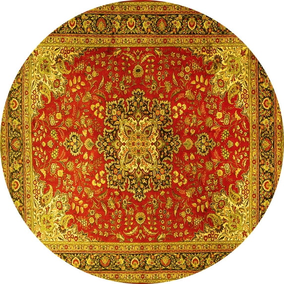 Ahgly Company Machine Washable Indoor Round Medallion Yellow Traditional Area Rugs, 7' Round