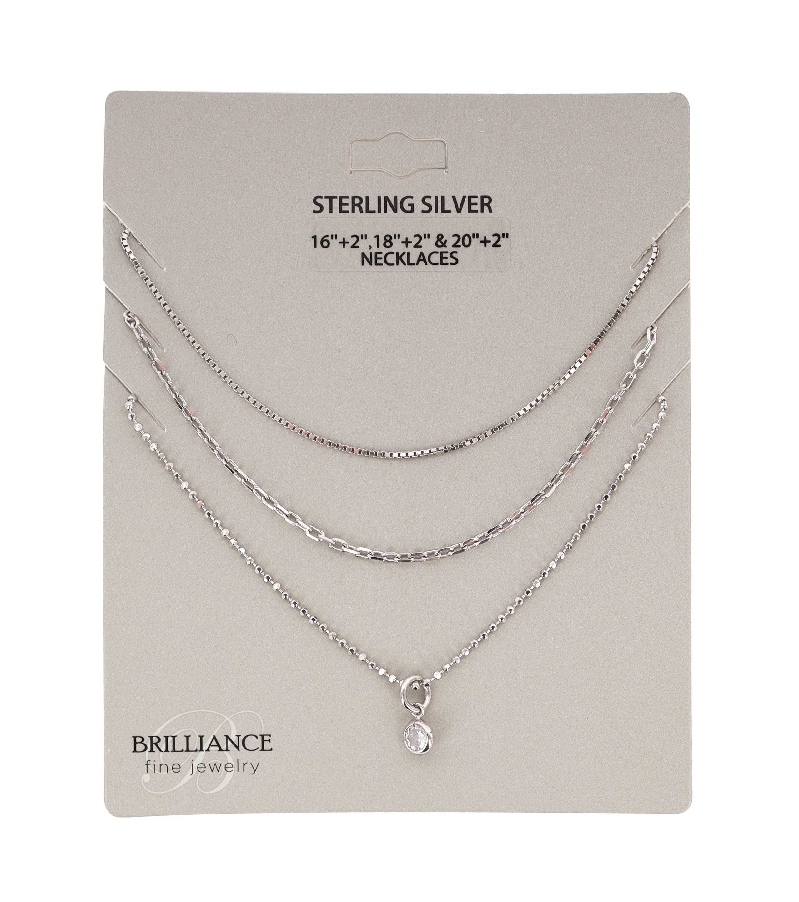 Brilliance Fine Jewelry Sterling Silver 3 Layer CZ Charm Necklace Set, 16"+2"; 18"+2"; 20"+2"