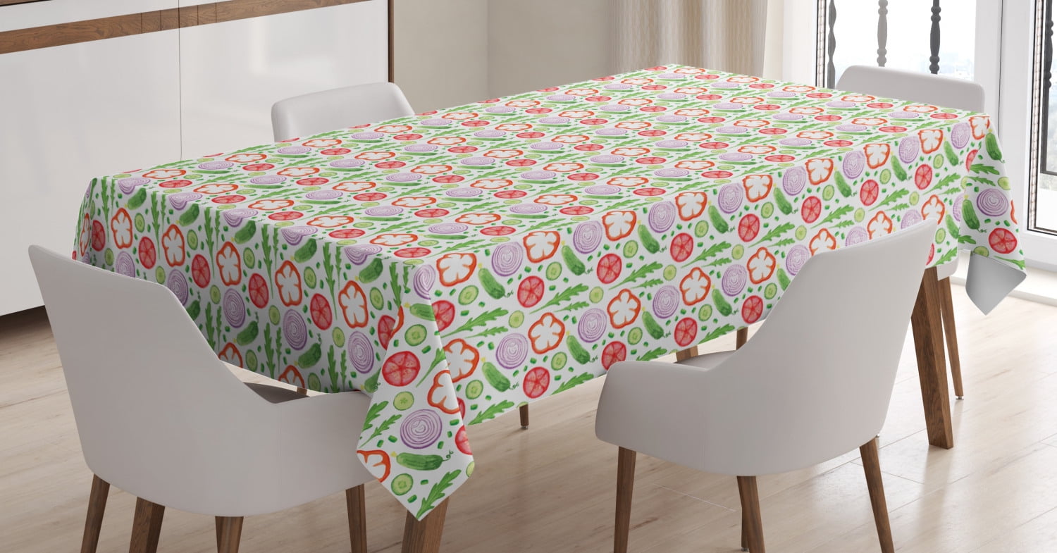 Vegetable Art Tablecloth, Watercolor Organic Theme with Onions Cucumber Red Pepper Radish