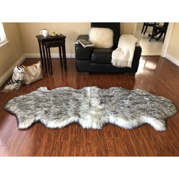 Soho Luxurious Faux Sheepskin Pelt White with Black Tips Shag Area Rug or Runner