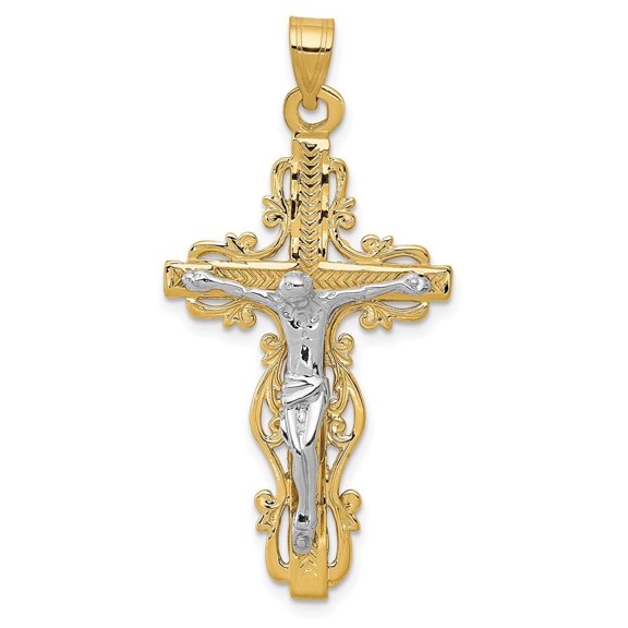 Diamond2Deal 10K Two-Tone Gold Diamond-Cut Crucifix Pendant for Women (L- 1.82 inch, W- 0.87 inch)