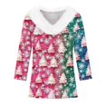 thumbnail image 3 of MHFRRA Camiseta de Manga Larga con Cuello Estampado y Ribete para Fiesta Festiva Rosa Fuerte, 3 of 4