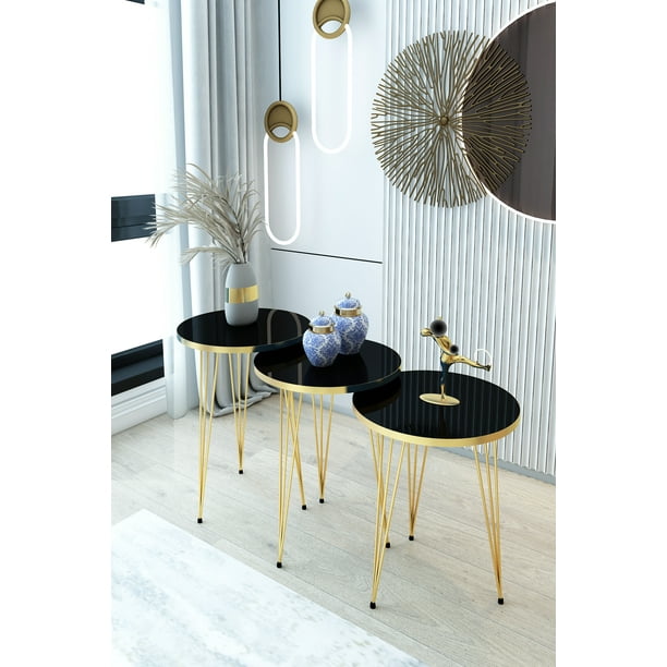 SET OF 3 HIGH GLOSS NESTING END TABLES PAK HOME Round Wood Side