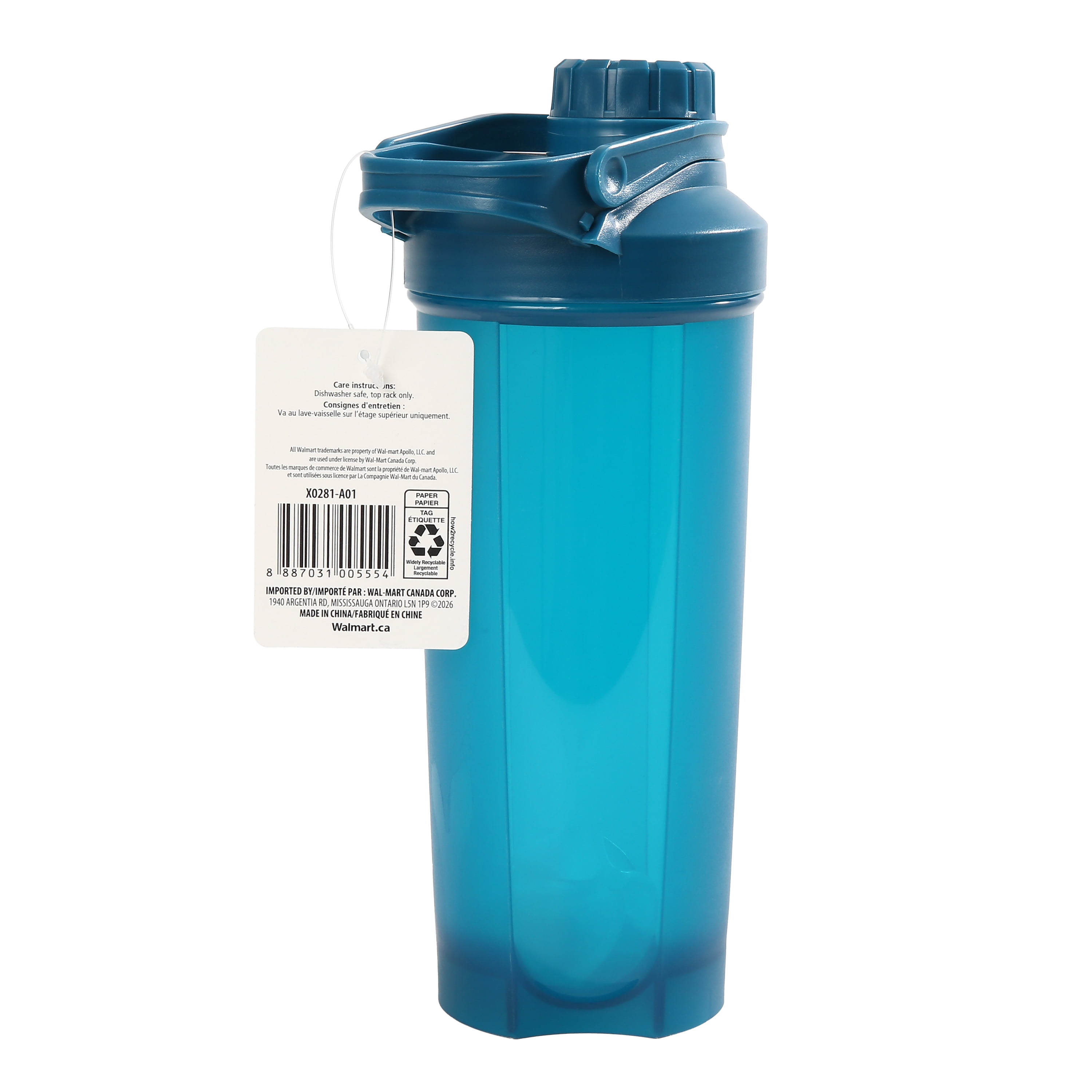 Mainstays 24oz Shaker Cup and Gym Water Bottle, Blue, with Twist on Lid and Ball, Plastic