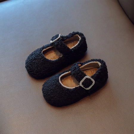 

Cathalem Little Girls Lace Shoes Fashion Winter Children Boots Girls Flat Cotton Shoes Plush Warm Water Rhinestone Buckle Strap Shoes Black 4 Years