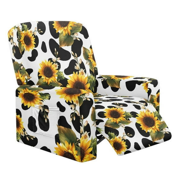 LedBack Sunflower Cow Print Recliner Slipcover Stretch Reclining Chair Covers 4 Pieces Washable Elastic Couch Cover with Pocket for Living Room