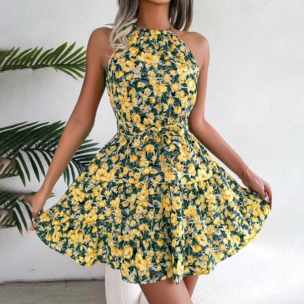 Mini Vestido Vestido de Babydoll para mujer Vestido de fiesta informal de cintura con lazo estampado Vestido de fiesta femenino de verano Cgtredaw Amarillo Xxl para Mujer