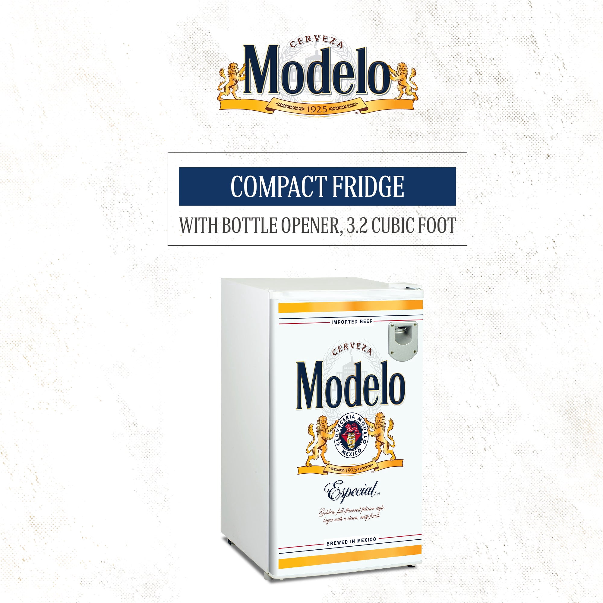Modelo Compact Fridge w/ Bottle Opener, 3.2 cu ft (90L), White, Space-Saving Flat Back Design, Reversible Door, Tempered Glass Shelves, Licensed Modelo Artwork, Perfect for Beer-Lovers