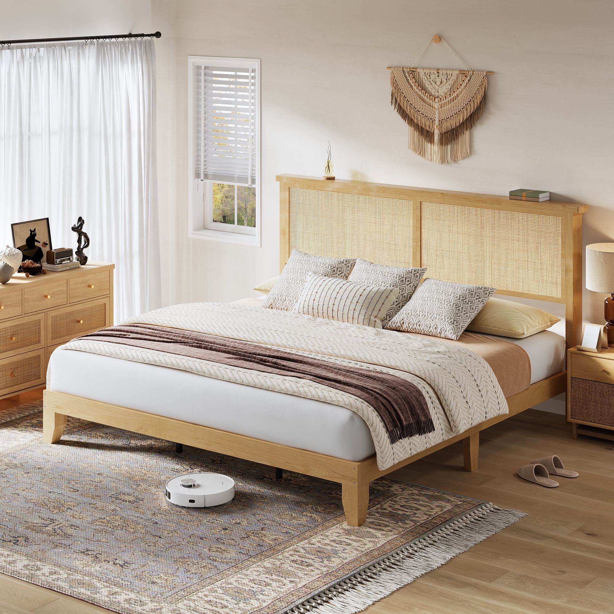 King Size Rattan Bed Frame, Bohemian Rattan Bed Frame King with Natural Headboard, Platform King Size Bed with Wooden Legs, LED Lights, No Box Spring Needed, Easy Assembly