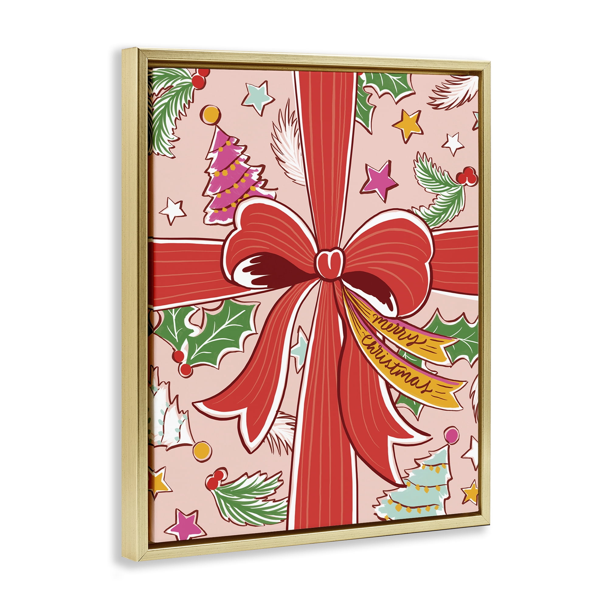 Stupell Industries Christmas Bow and Trees Holiday Painting Gold Floater Framed Canvas Art Prints Wall Art, 17 x 21