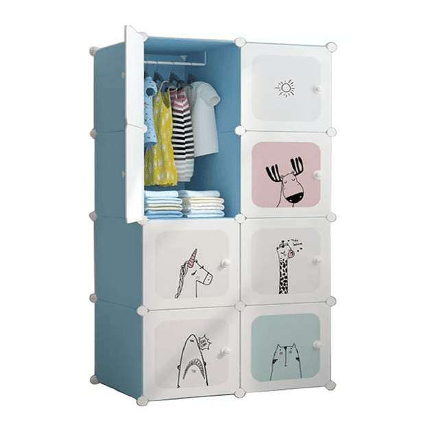 Armario Plástico Portátil Dibujos Animado Para Niño 8 Puerta Azul